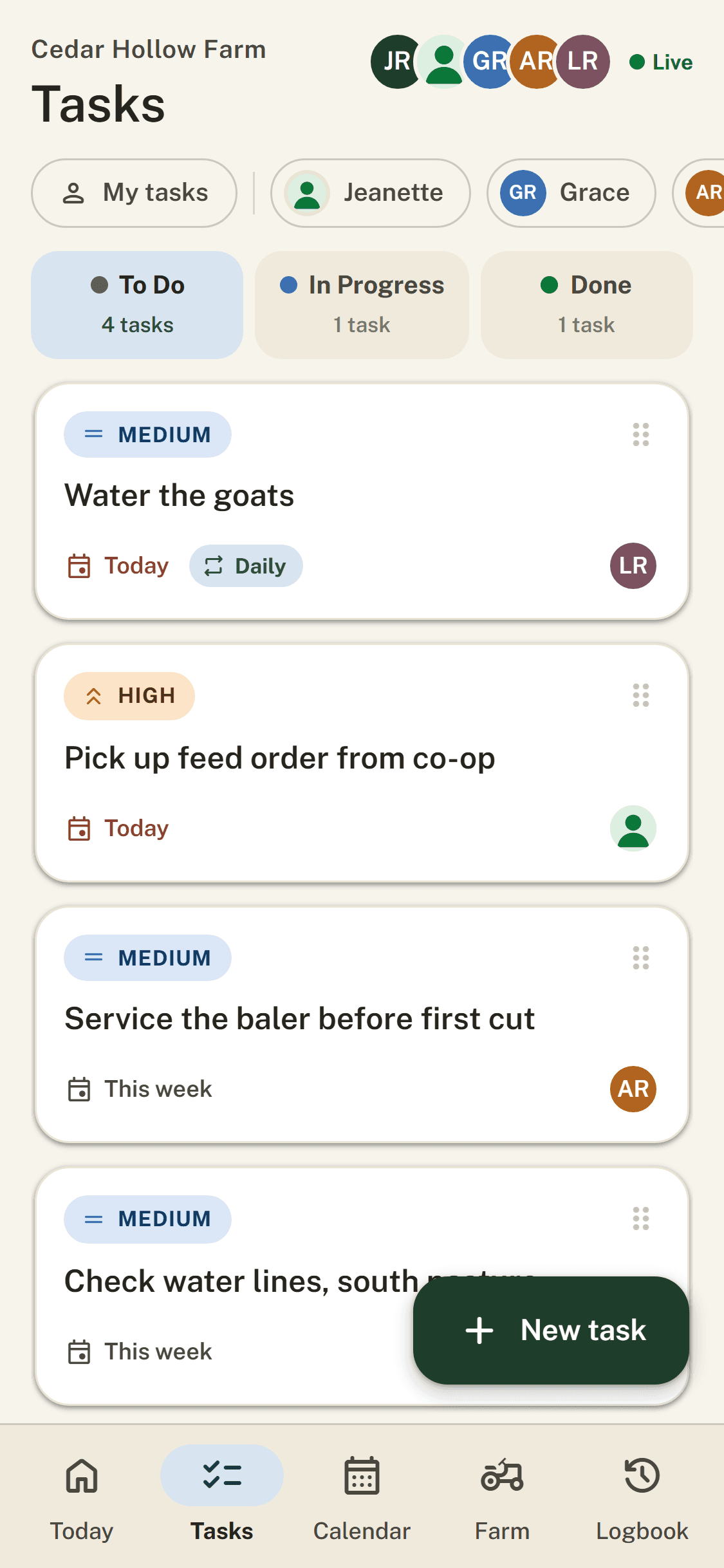 The Tasks screen: the shared crew task list with priorities, due dates, and who's on each job